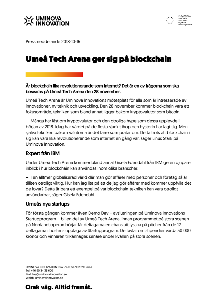 Umeå Tech Arena den 28 november ger sig på blockchain