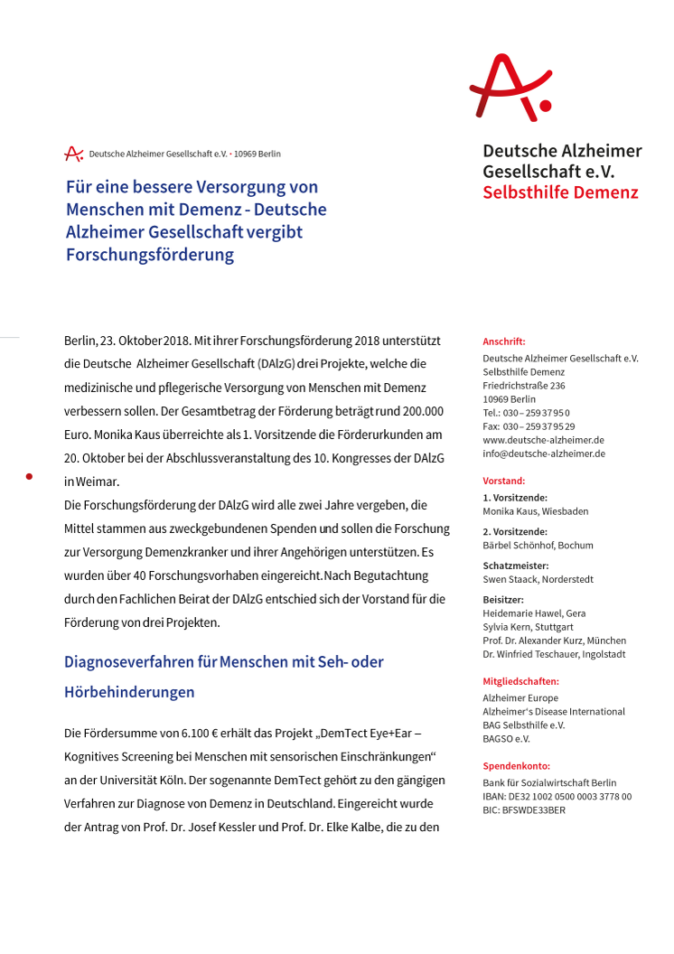 Für eine bessere Versorgung von Menschen mit Demenz - Deutsche Alzheimer Gesellschaft vergibt Forschungsförderung 