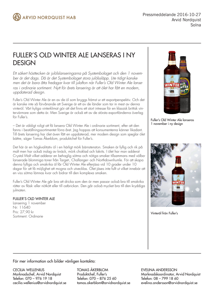Fuller's Old Winter Ale lanseras i ny design