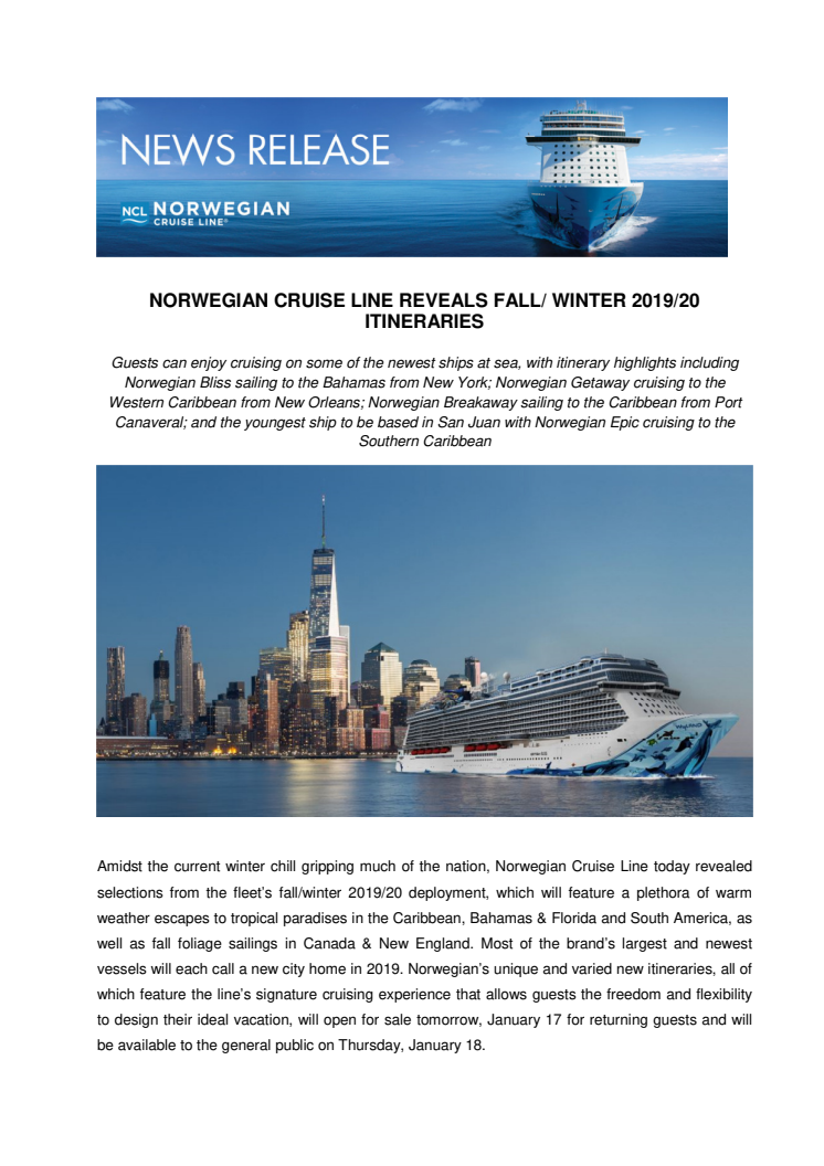 Norwegian Cruise Line reveals fall/winter 2019/20 itineraries