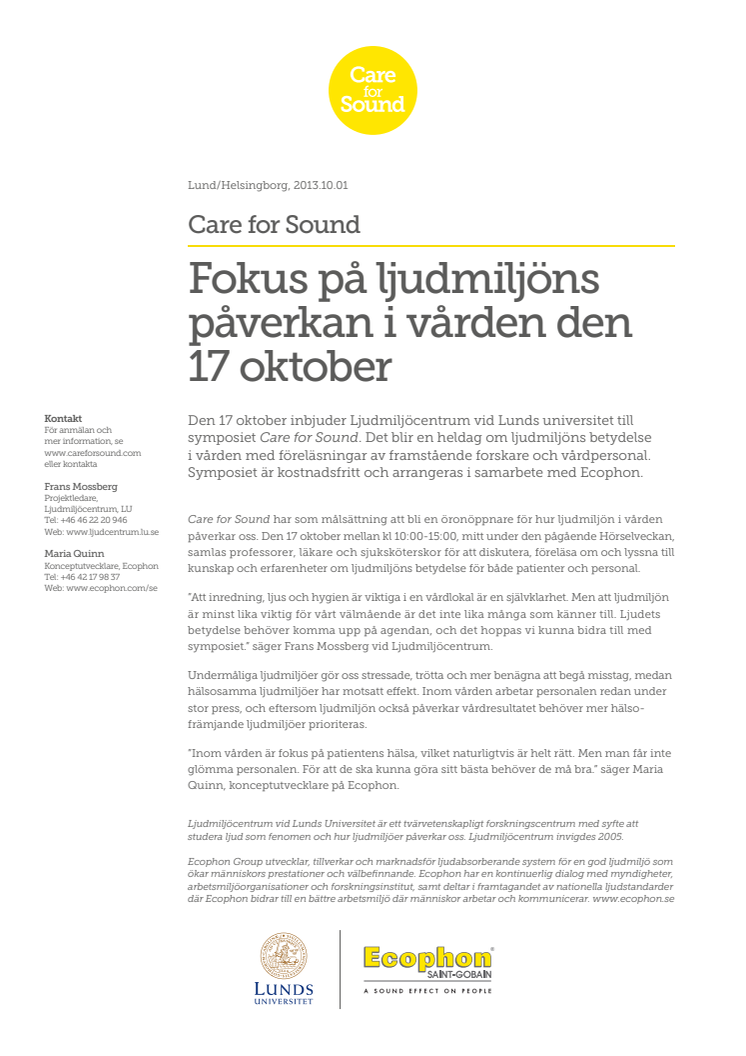 Care for Sound - Focus på ljudmiljöns påverkan i vården den 17 oktober