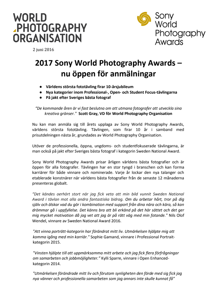 2017 Sony World Photography Awards – nu öppen för anmälningar 