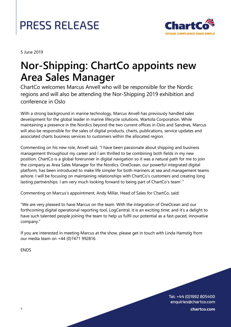 Nor-Shipping: ChartCo appoints new Area Sales Manager