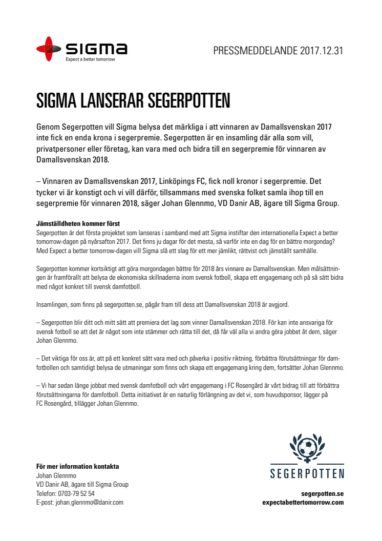 Sigma lanserar Segerpotten