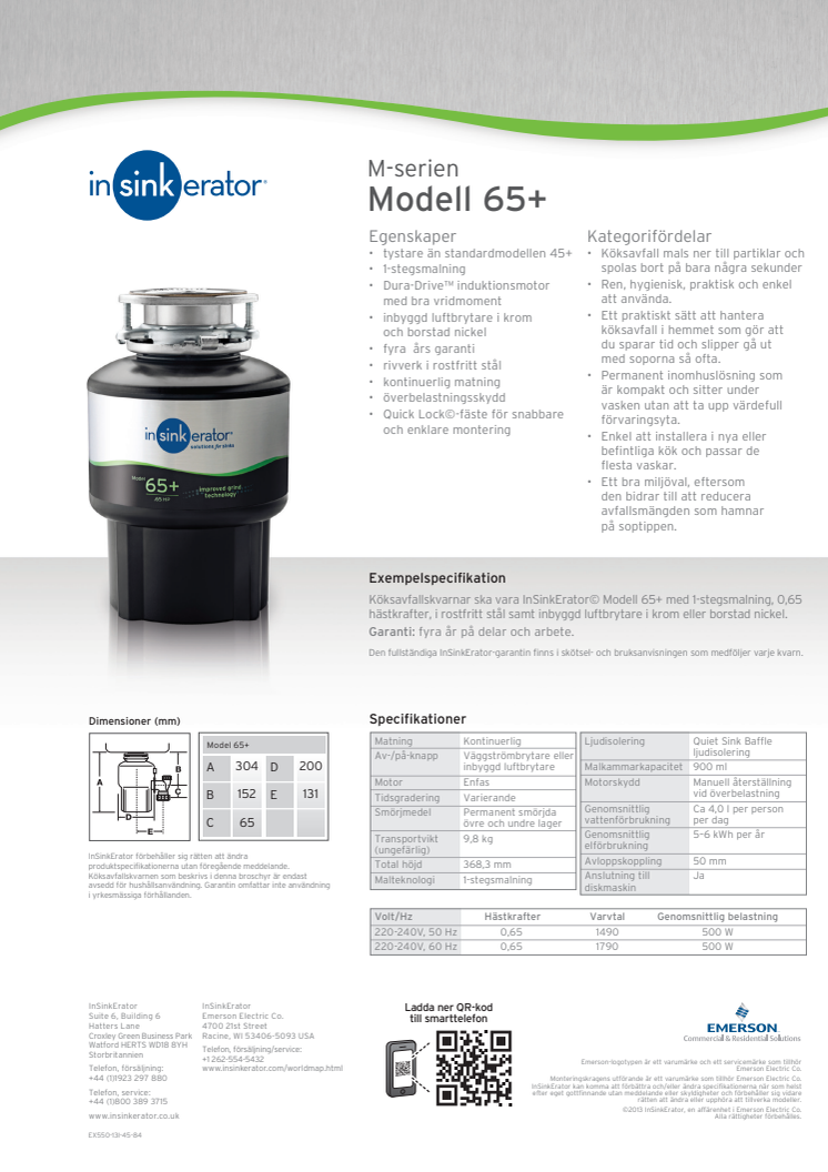 InSinkErator matavfallskvarn produktbroschyr modell 65