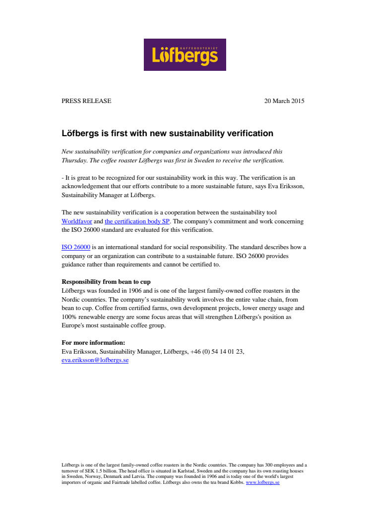 Löfbergs is first with new sustainability verification