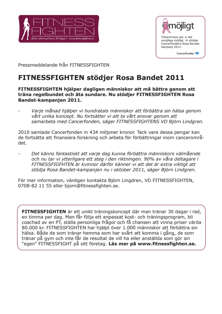 Pressmeddelande  - FITNESSFIGHTEN stödjer Rosa Bandet 2011