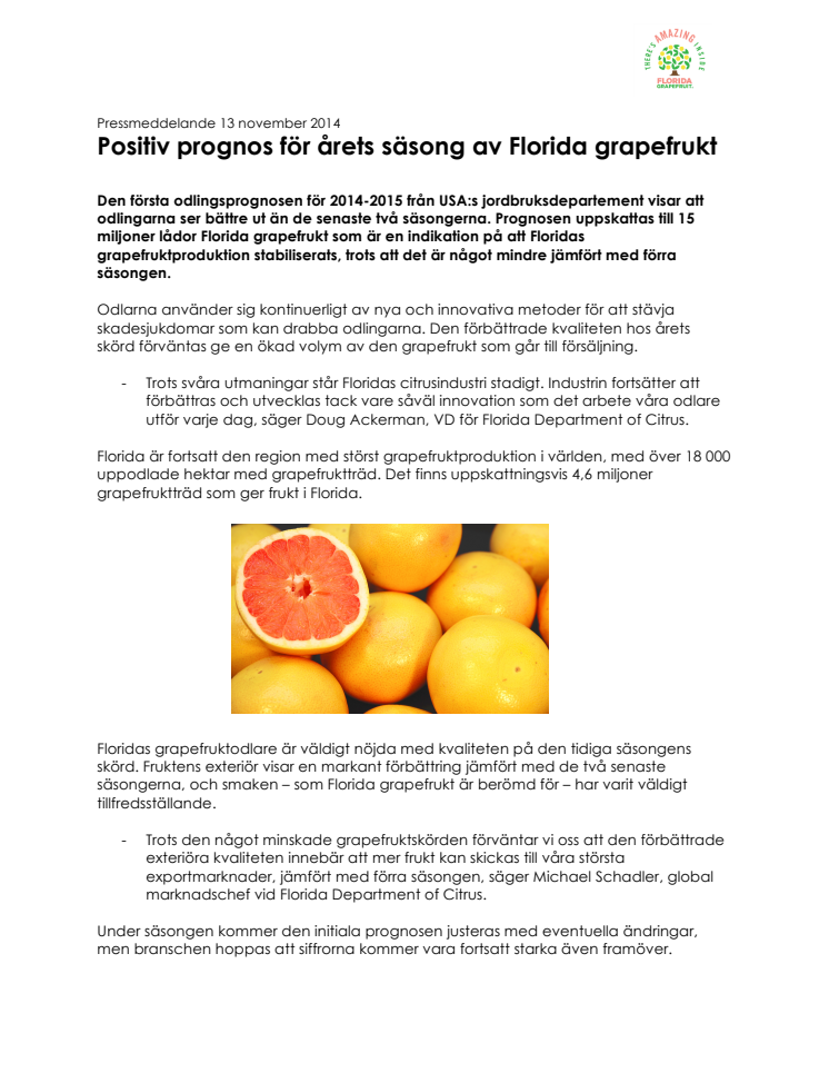 Positiv prognos för årets säsong av Florida grapefrukt