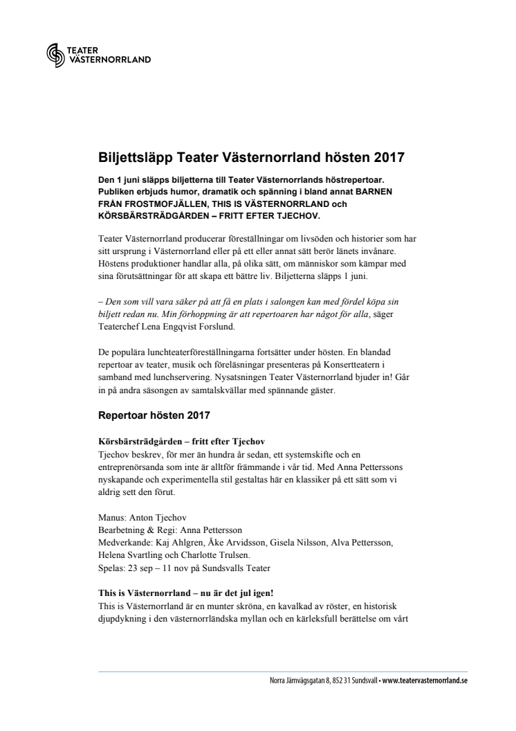 Biljettsläpp Teater Västernorrland hösten 2017