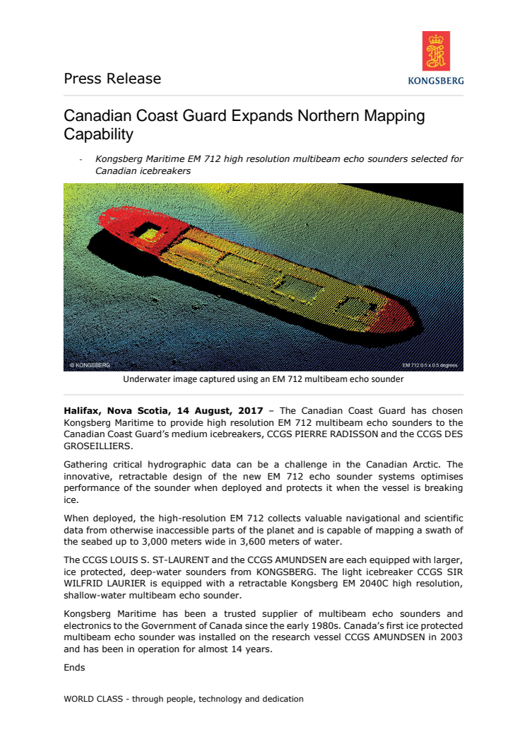 Kongsberg Maritime: Canadian Coast Guard Expands Northern Mapping Capability