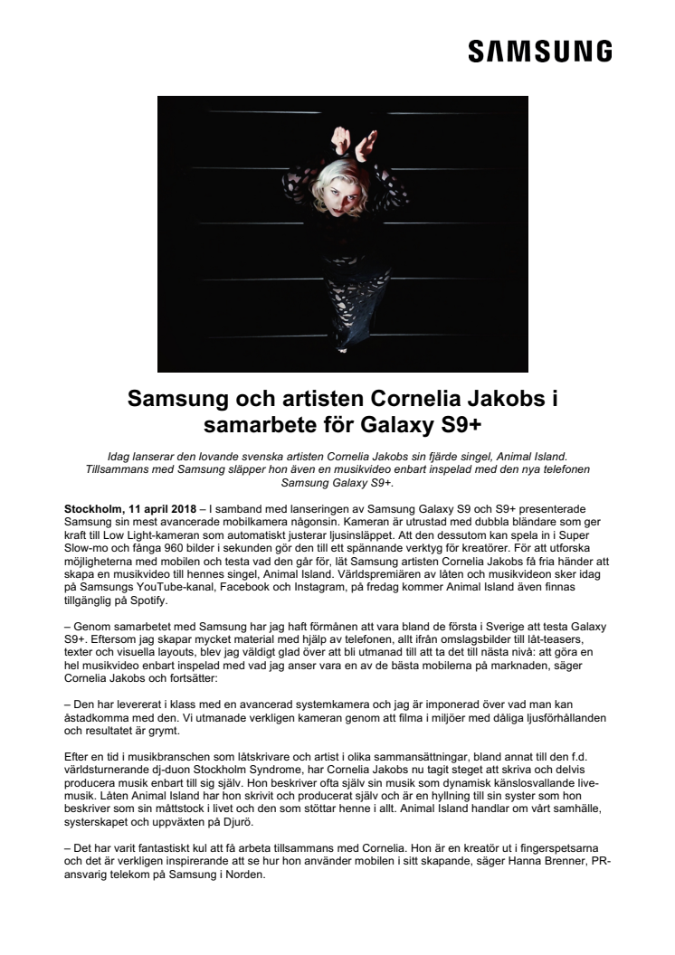 Samsung och artisten Cornelia Jakobs i  samarbete för Galaxy S9+