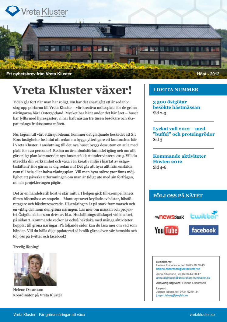 Nyhetsbrev från Vreta Kluster, höst 2012