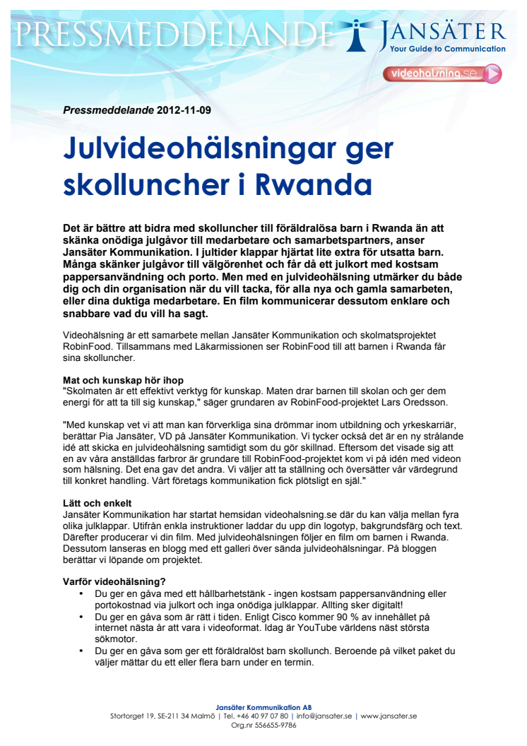 Julvideohälsningar ger skolluncher i Rwanda