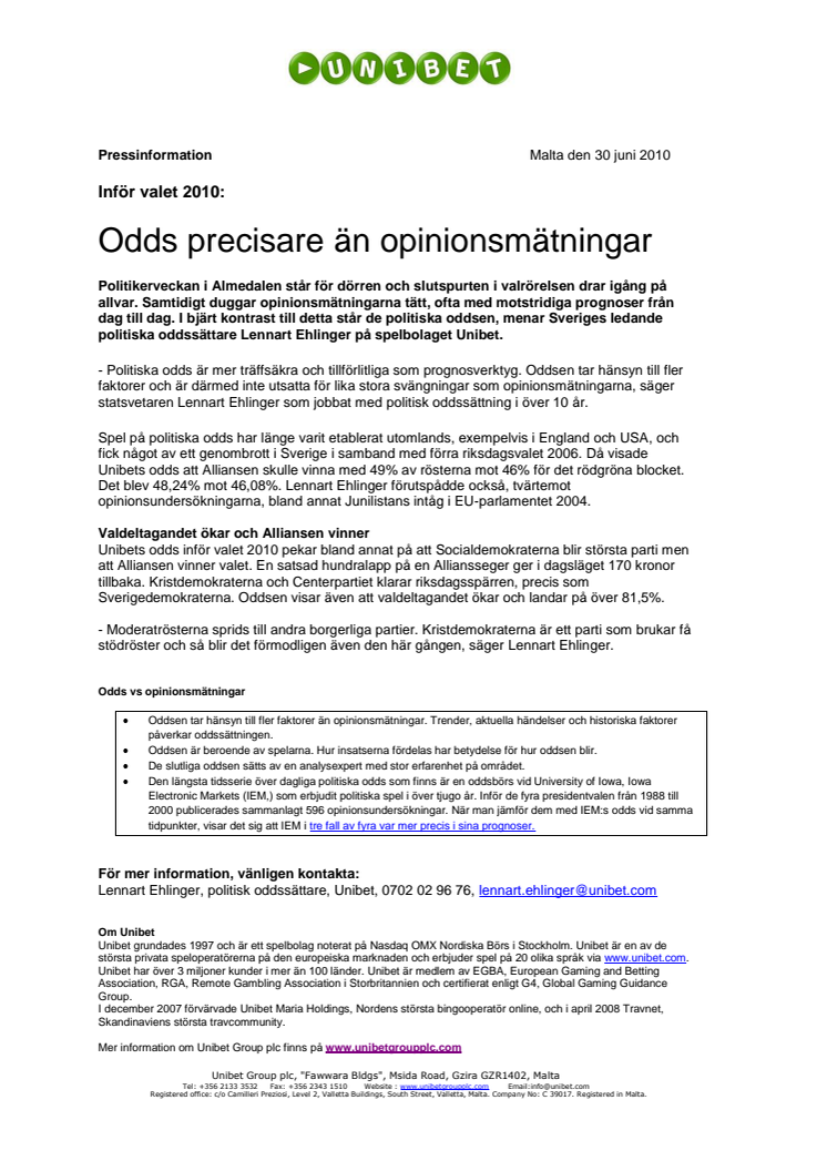 Odds precisare än opinionsmätningar