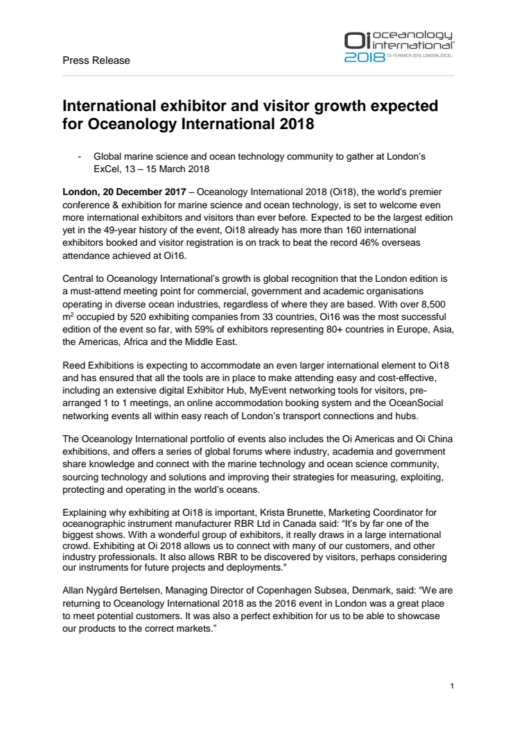 Oceanology International London: International exhibitor and visitor growth expected for Oceanology International 2018