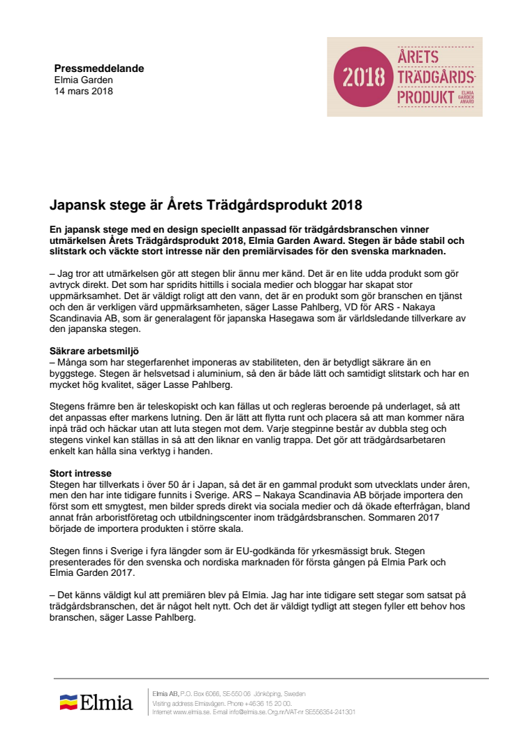 Japansk stege är Årets Trädgårdsprodukt 2018 