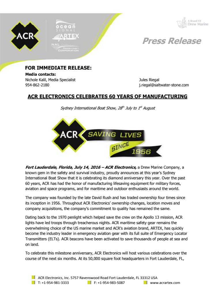 July 2016 - ACR Electronics - Press Release #2: ACR Electronics Celebrates 60 Years of Manufacturing