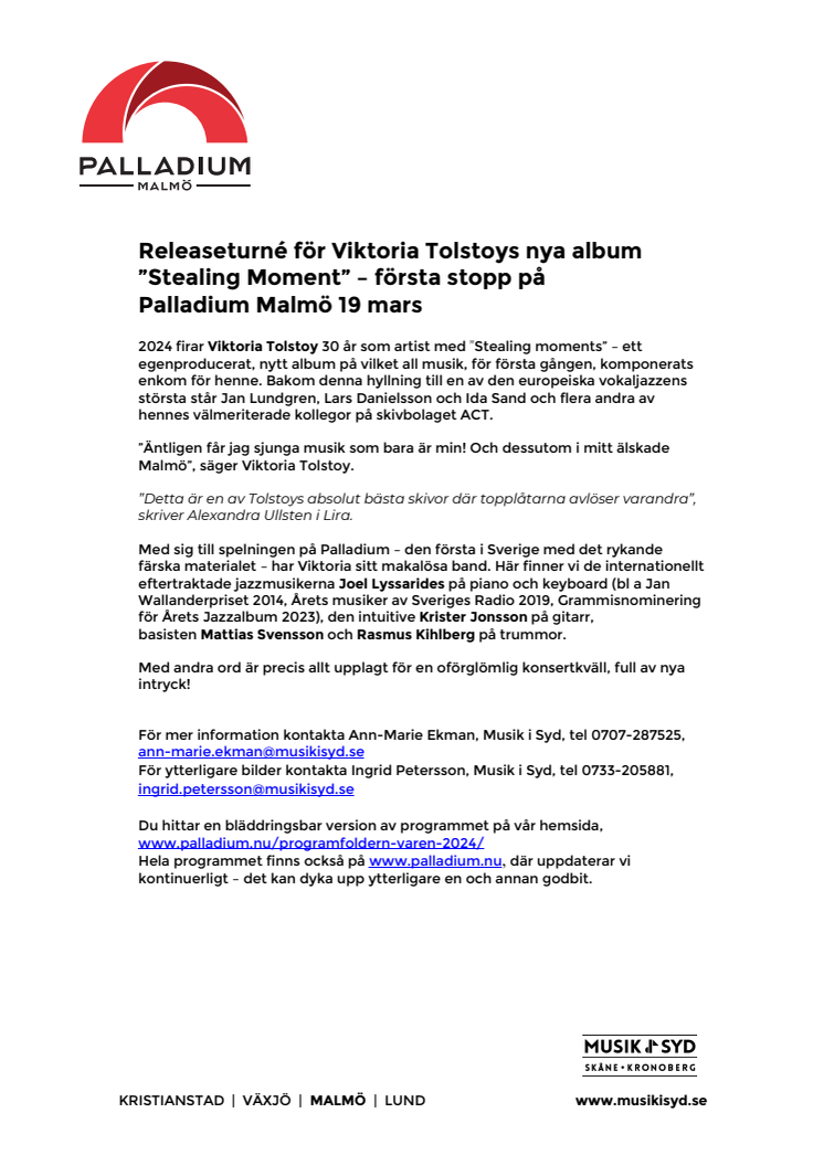 Releaseturné för Viktoria Tolstoys nya album "Stealing moments" – första stopp på Palladium Malmö 19 mars