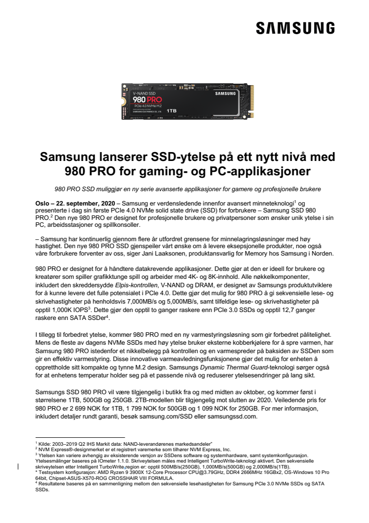 Samsung lanserer SSD-ytelse på ett nytt nivå med 980 PRO for gaming- og PC-applikasjoner