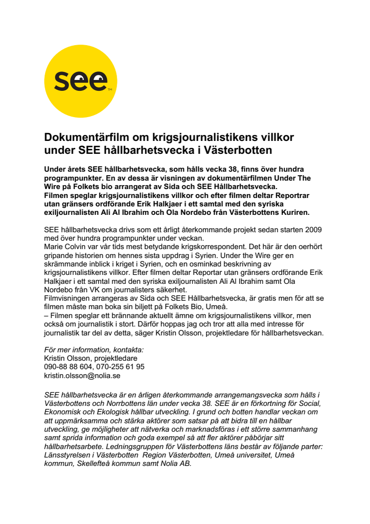 Dokumentärfilm om krigsjournalistikens villkor under SEE hållbarhetsvecka i Västerbotten