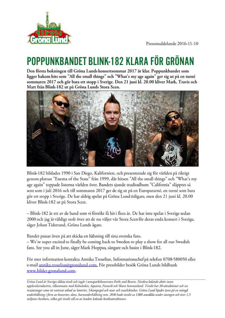 Poppunkbandet Blink-182 klara för Grönan