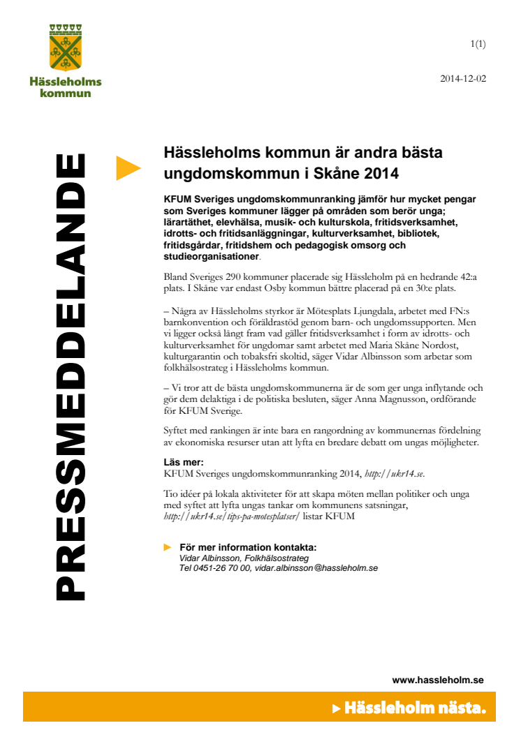 Hässleholms kommun är andra bästa ungdomskommun i Skåne 2014