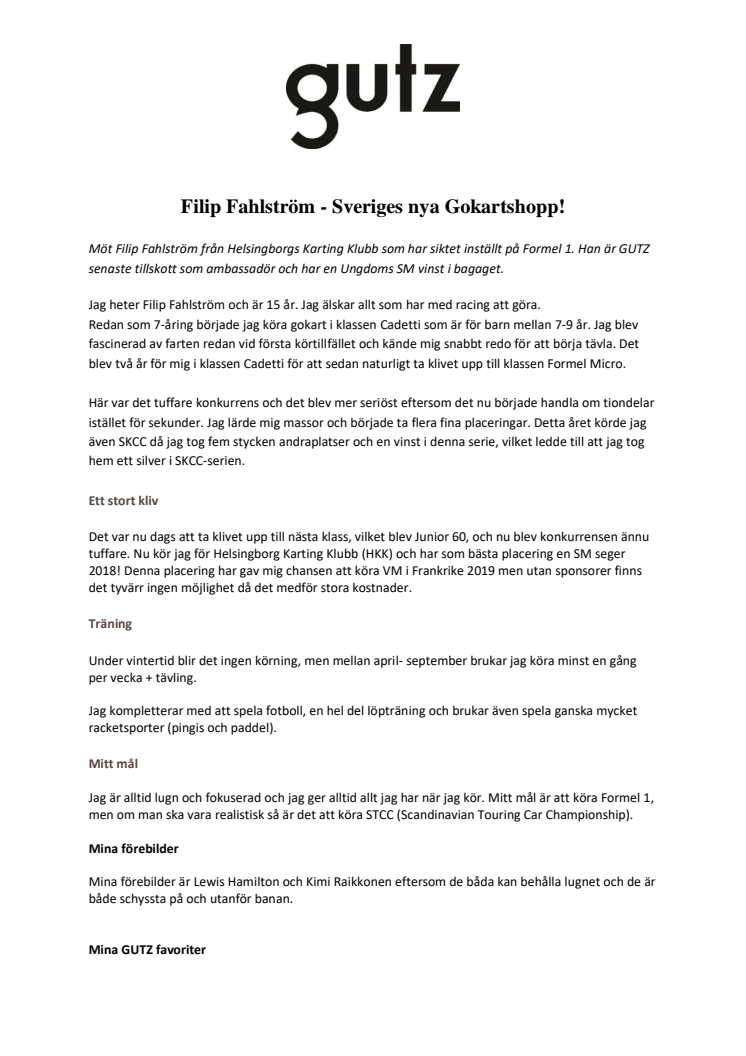 Filip Fahlström - Sveriges nya Gokartshopp och GUTZ ambassadör