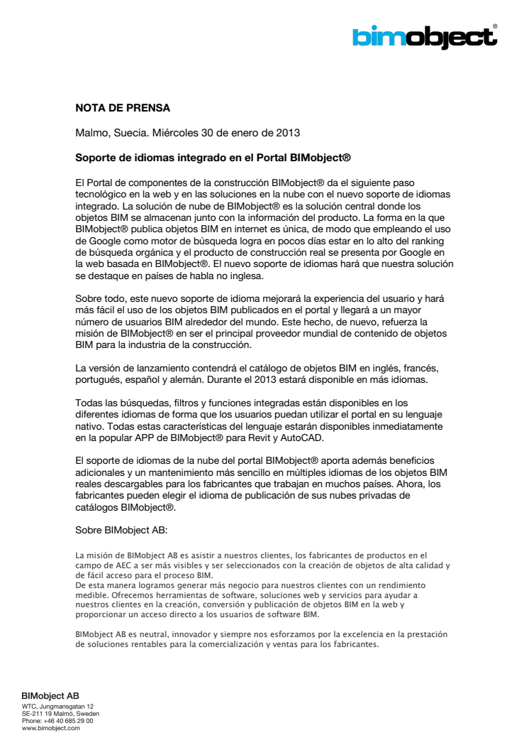 Soporte de idiomas integrado en el Portal BIMobject®
