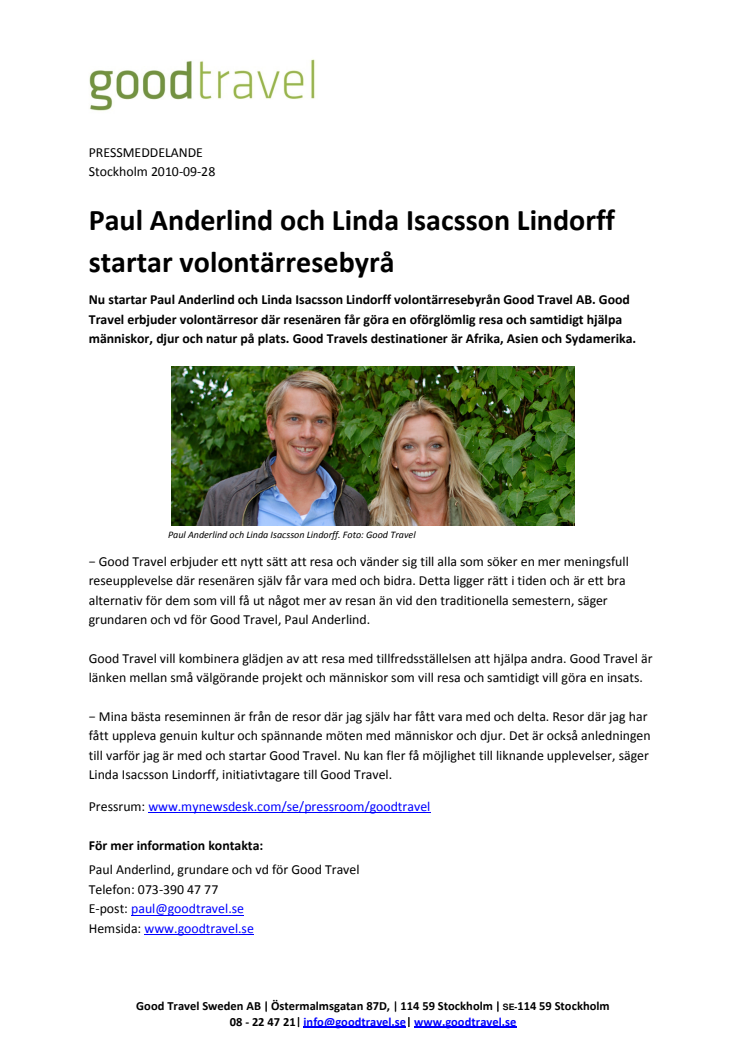 Paul Anderlind och Linda Isacsson Lindorff startar volontärresebyrå