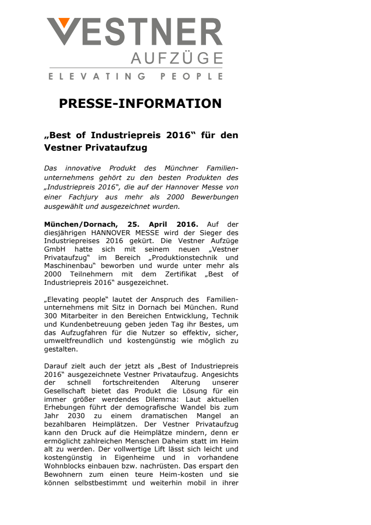 „Best of Industriepreis 2016“ für den Vestner Privataufzug 