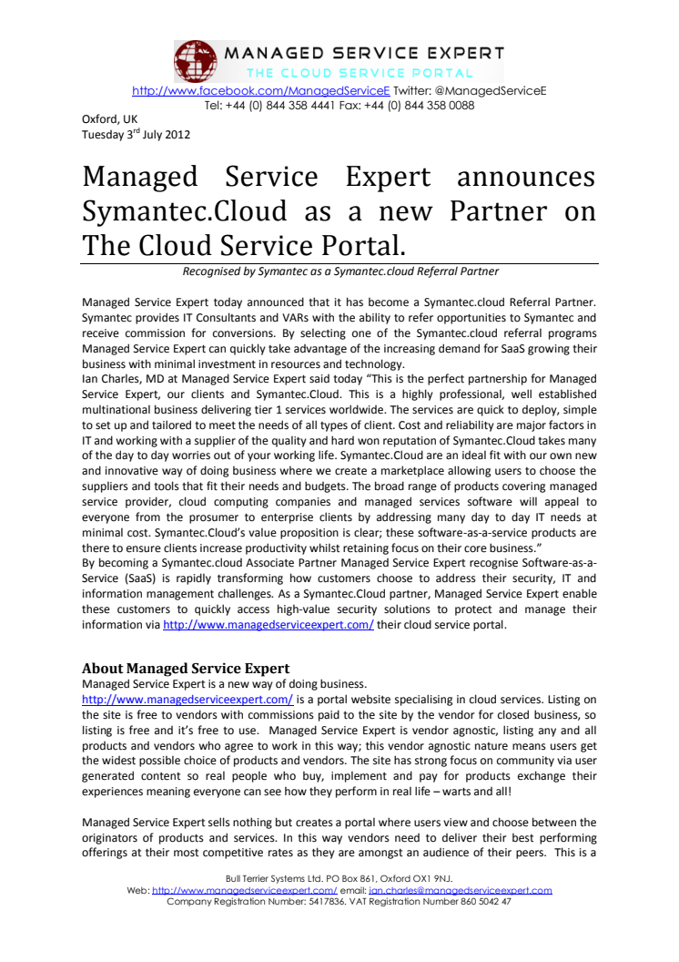 Managed Service Expert announces Symantec.Cloud as a new Partner on The Cloud Service Portal.