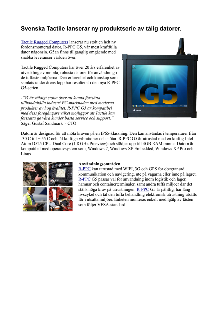 Svenska Tactile lanserar G5, en kraftfull industriPC. Robust Panel PC med pekskärm.