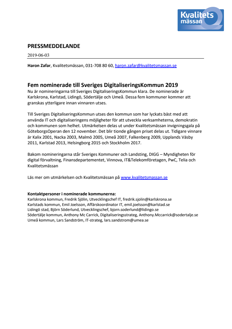 Fem nominerade till Sveriges DigitaliseringsKommun 2019