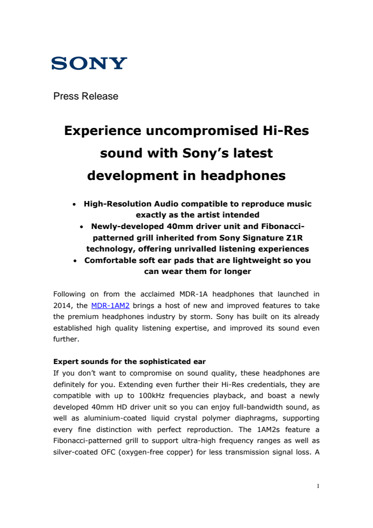 ​Oplev kompromisløs Hi-Res-lyd med MDR-1AM2 – den seneste udvikling inden for hovedtelefoner fra Sony
