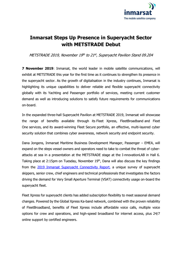 Inmarsat Steps Up Presence in Superyacht Sector with METSTRADE Debut
