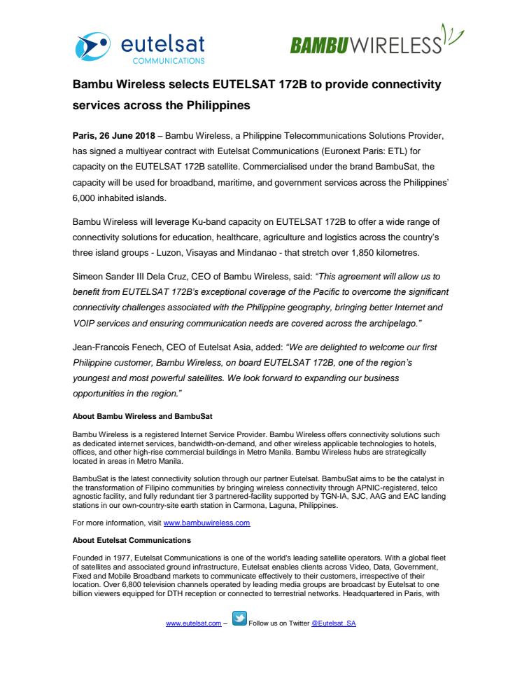 Bambu Wireless selects EUTELSAT 172B to provide connectivity services across the Philippines 