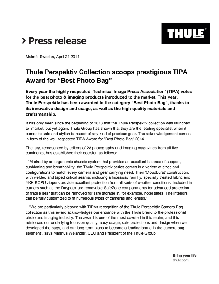 Thule Perspektiv Collection scoops prestigious TIPA Award for “Best Photo Bag”