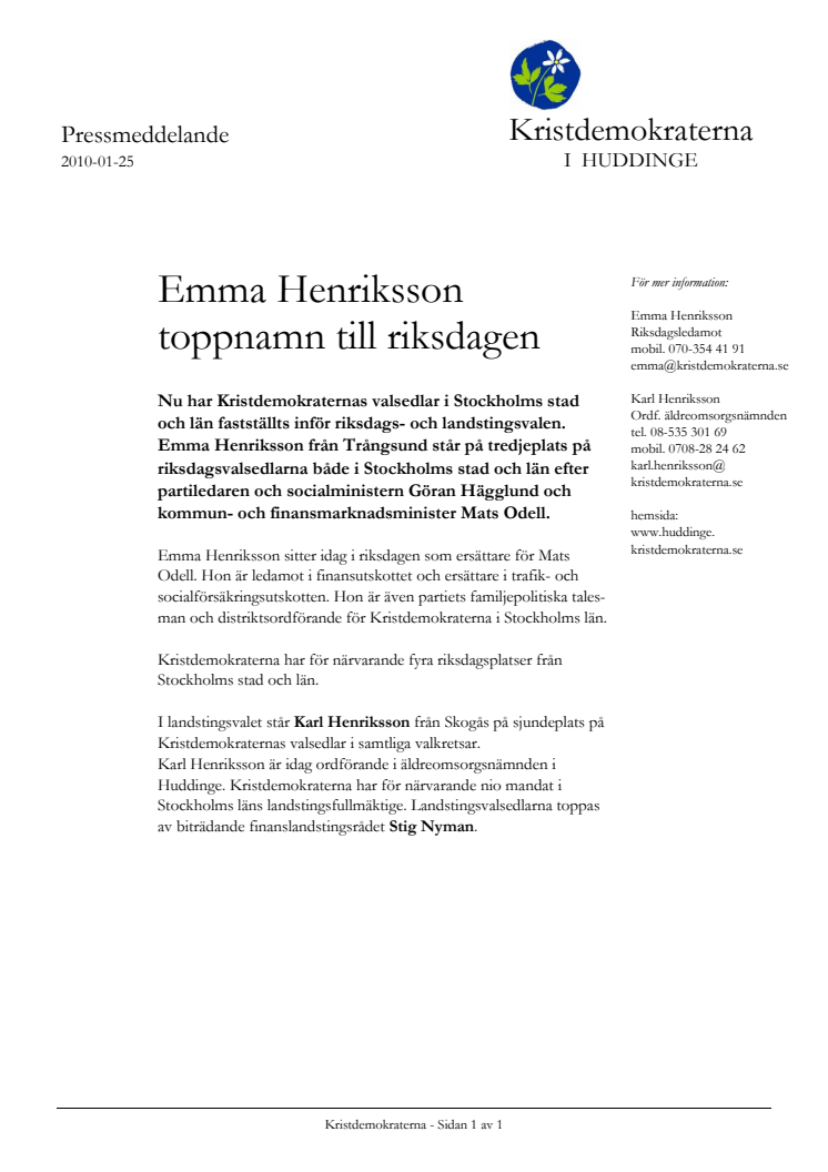 Emma Henriksson toppnamn till riksdagen (KD)