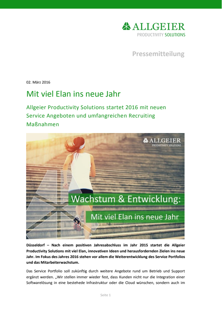 Mit viel Elan ins neue Jahr: Allgeier Productivity Solutions startet 2016 mit neuen Service Angeboten und umfangreichen Recruiting Maßnahmen