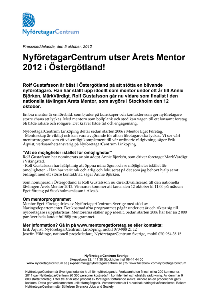 NyföretagarCentrum utser Årets Mentor 2012 i Östergötland!