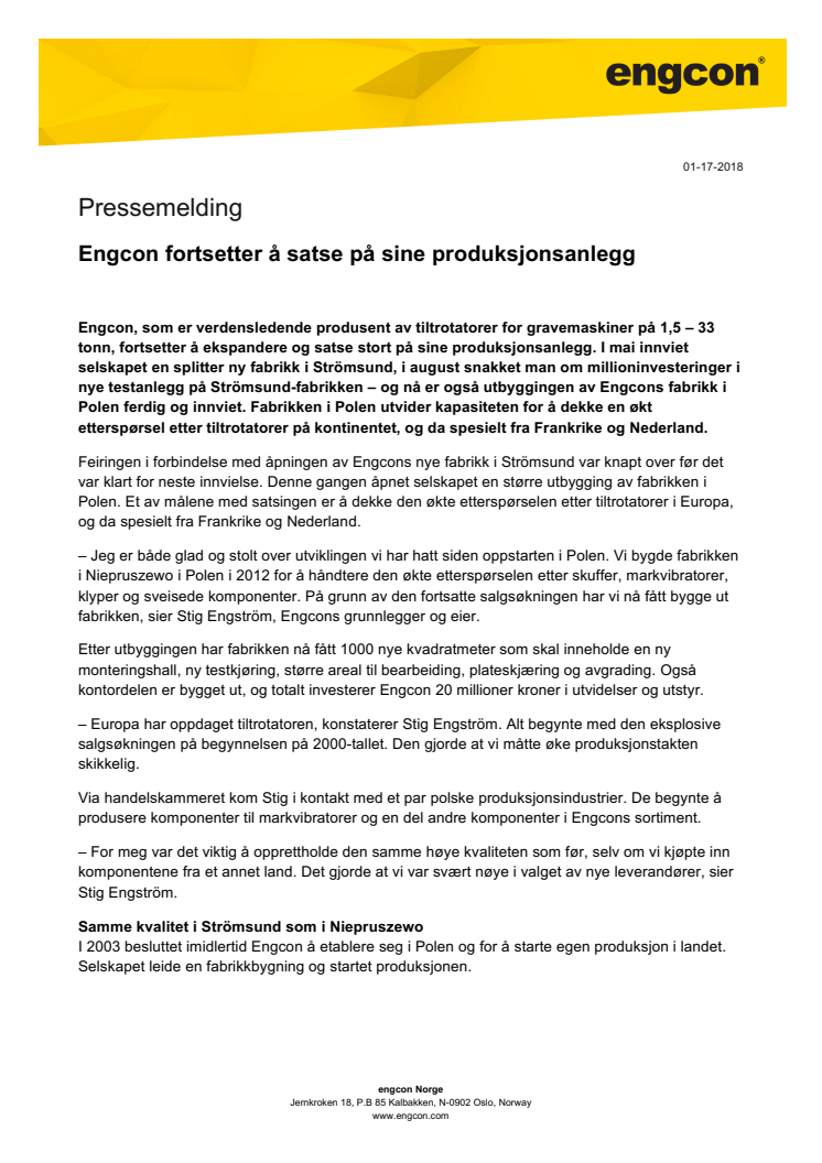 Engcon fortsetter å satse på sine produksjonsanlegg