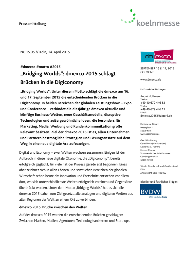 „Bridging Worlds“: dmexco 2015 schlägt Brücken in die Digiconomy