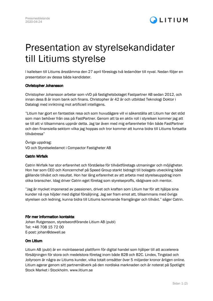 Presentation av styrelsekandidater till Litiums styrelse