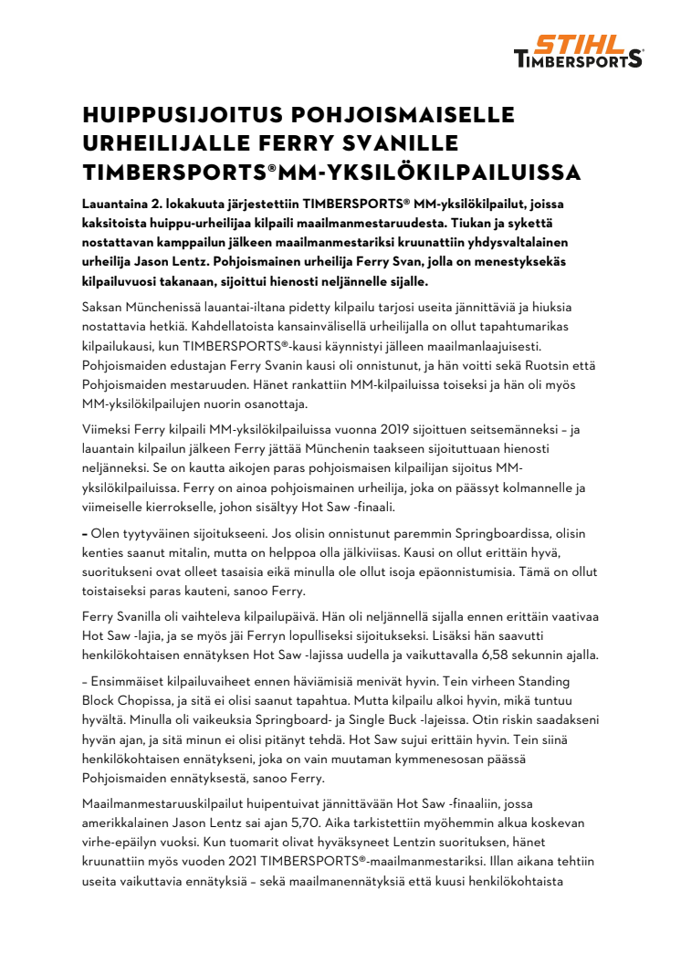 HUIPPUSIJOITUS POHJOISMAISELLE URHEILIJALLE FERRY SVANILLE TIMBERSPORTS®MM-YKSILÖKILPAILUISSA.pdf