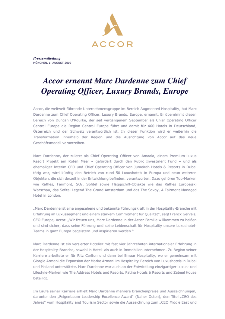 Accor ernennt Marc Dardenne zum Chief Operating Officer, Luxury Brands, Europe