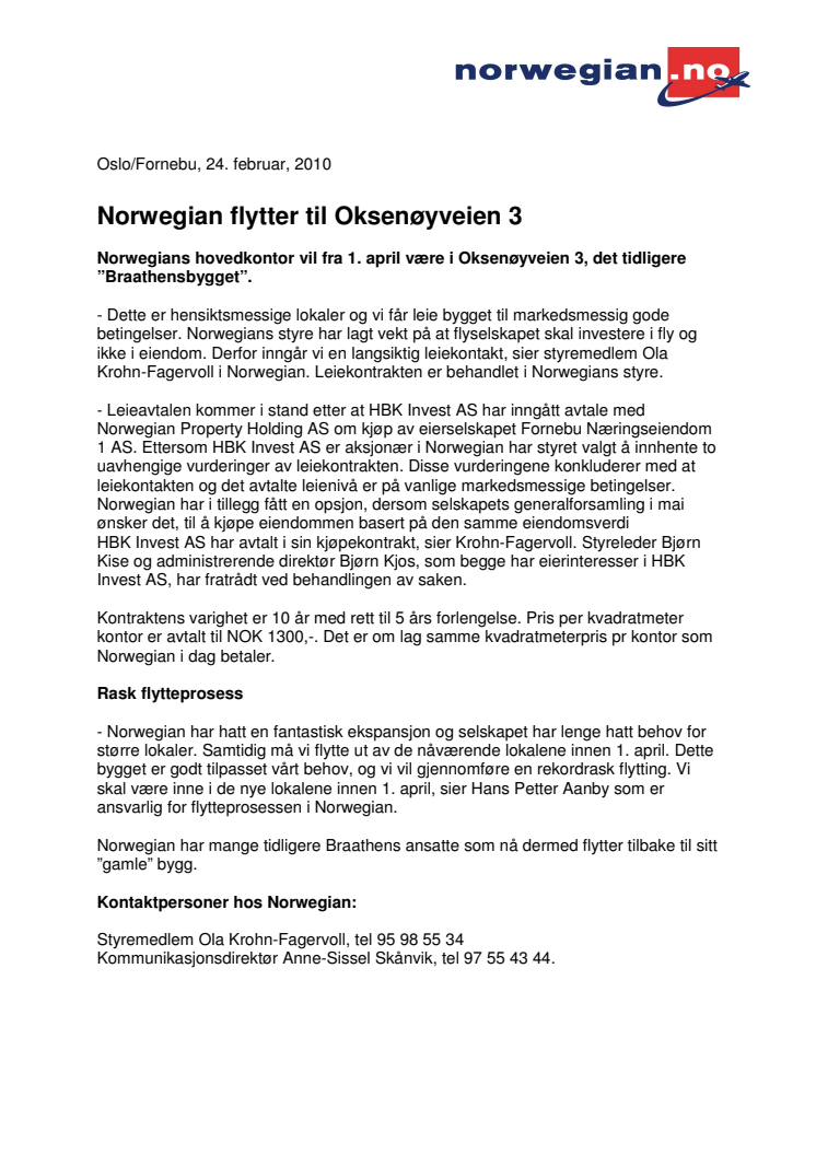 Norwegian flytter til Oksenøyveien 3