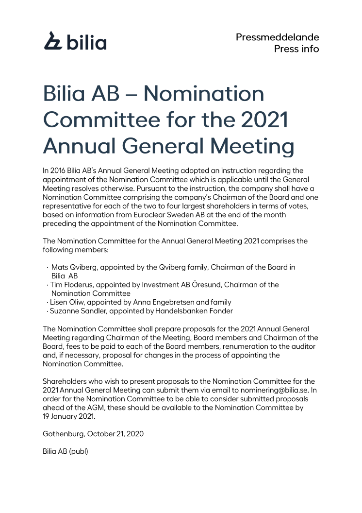Bilia AB – Nomination Committee for the 2021 Annual General Meeting