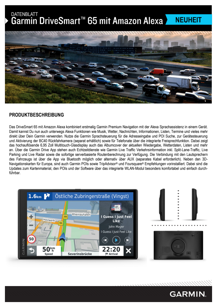 Datenblatt Garmin Drivesmart 65 mit Amazon Alexa