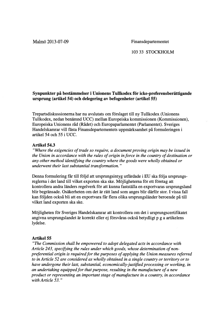 Synpunkter på bestämmelser i Unionens Tullkodex för icke preferensberättigande ursprung (artikel 54) och delegering av befogenheter (artikel 55)