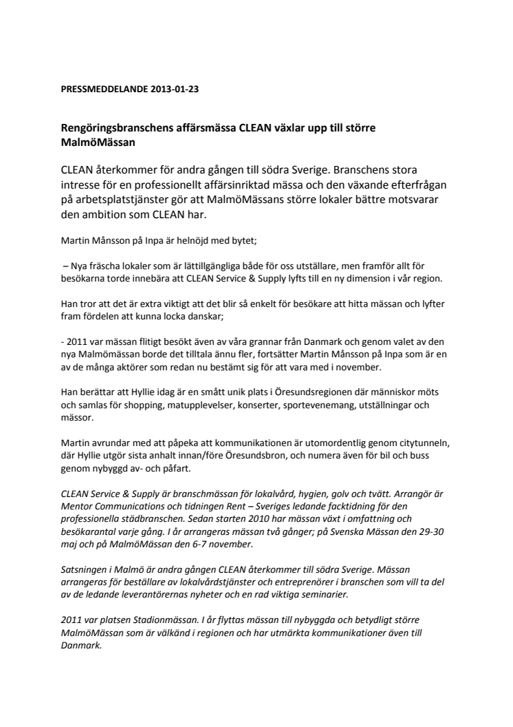 Rengöringsbranschens affärsmässa CLEAN växlar upp till större MalmöMässan